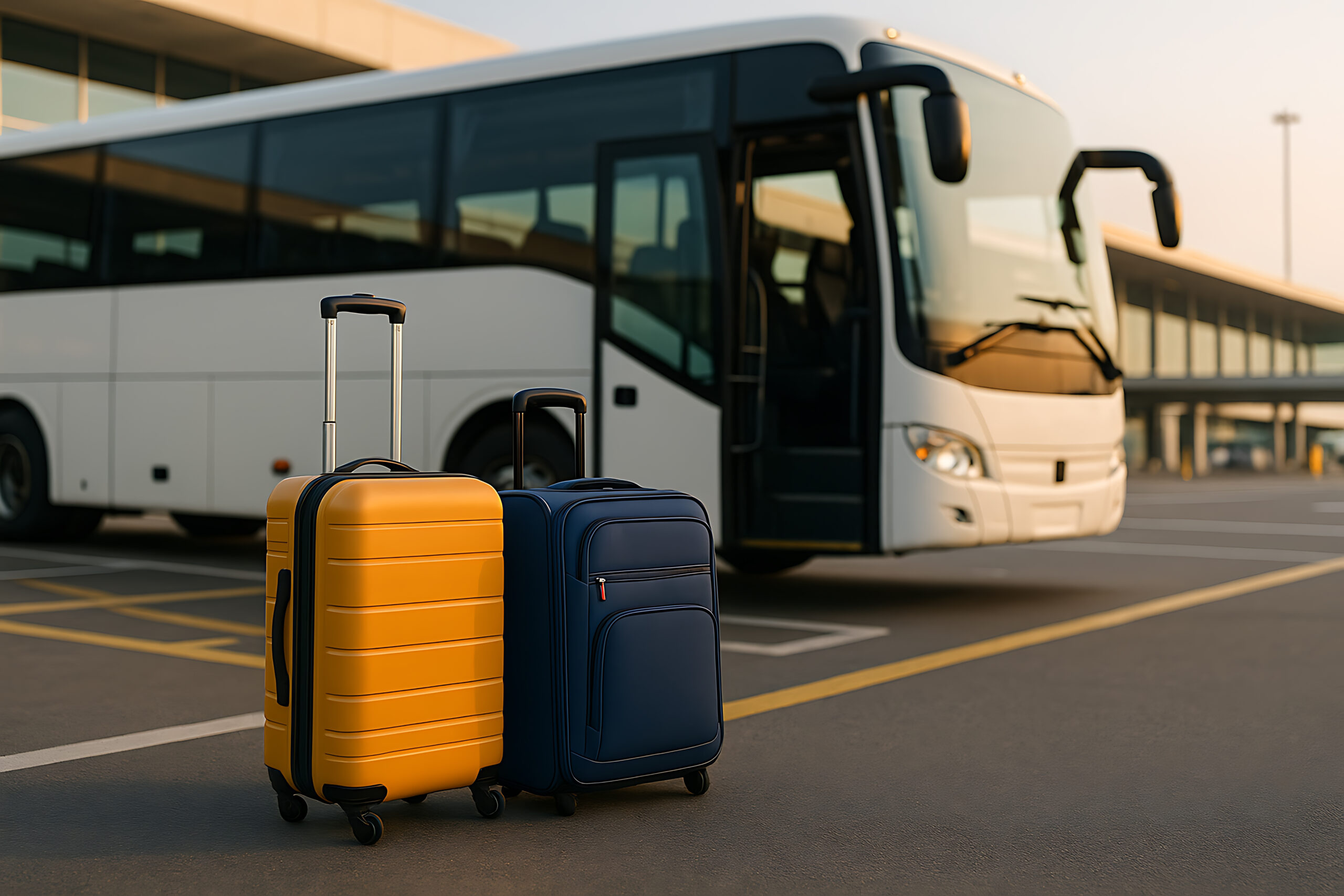 Zwei Reisekoffer mit Gepäck stehen neben einem modernen Bus am Terminal, bereit für Busfahrt, Transfer und Gruppenreise zur Geschäftsreise oder Tour durch Berlin und Brandenburg.