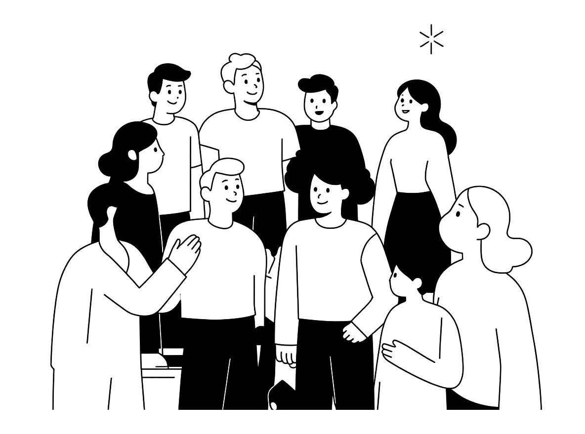 Ein Team, das zusammenhält: Illustration einer Gruppe von Menschen, die miteinander im Gespräch sind und gemeinsam unterwegs sind.